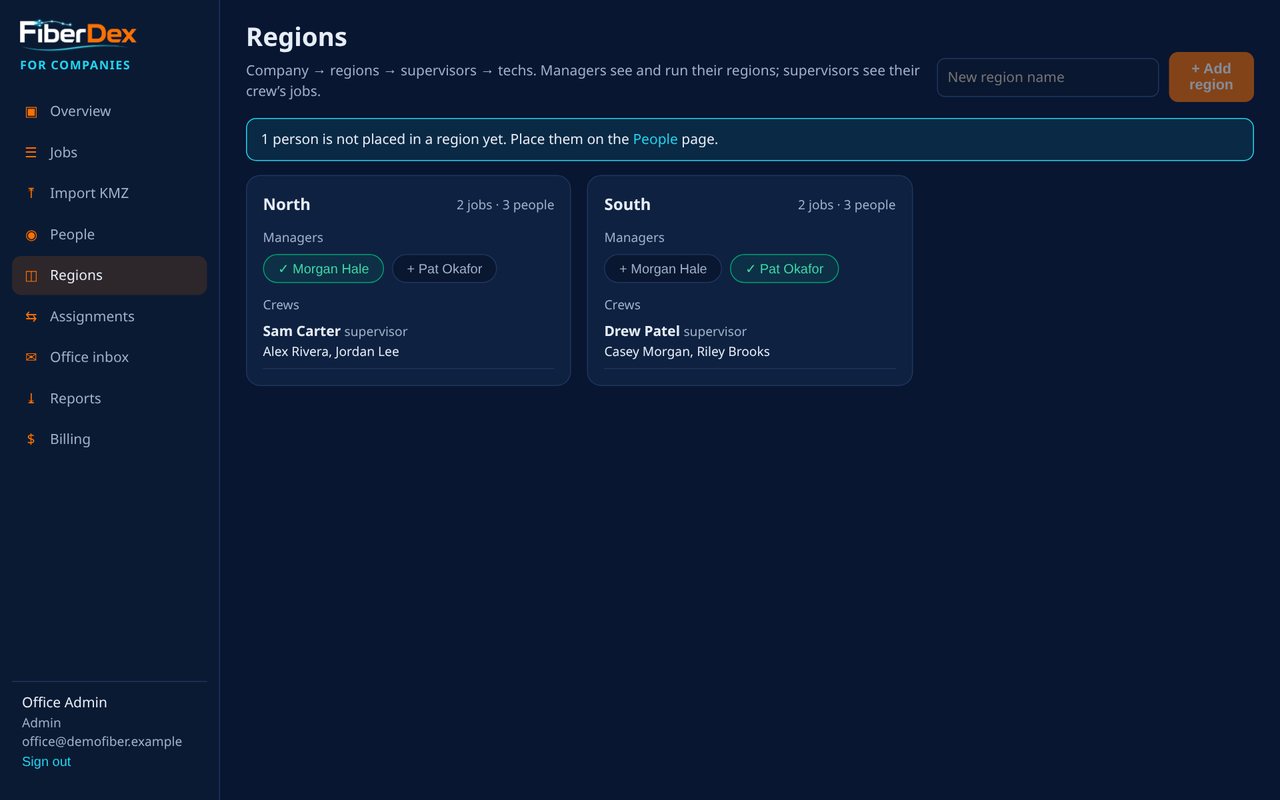 Regions and crews with demo data
